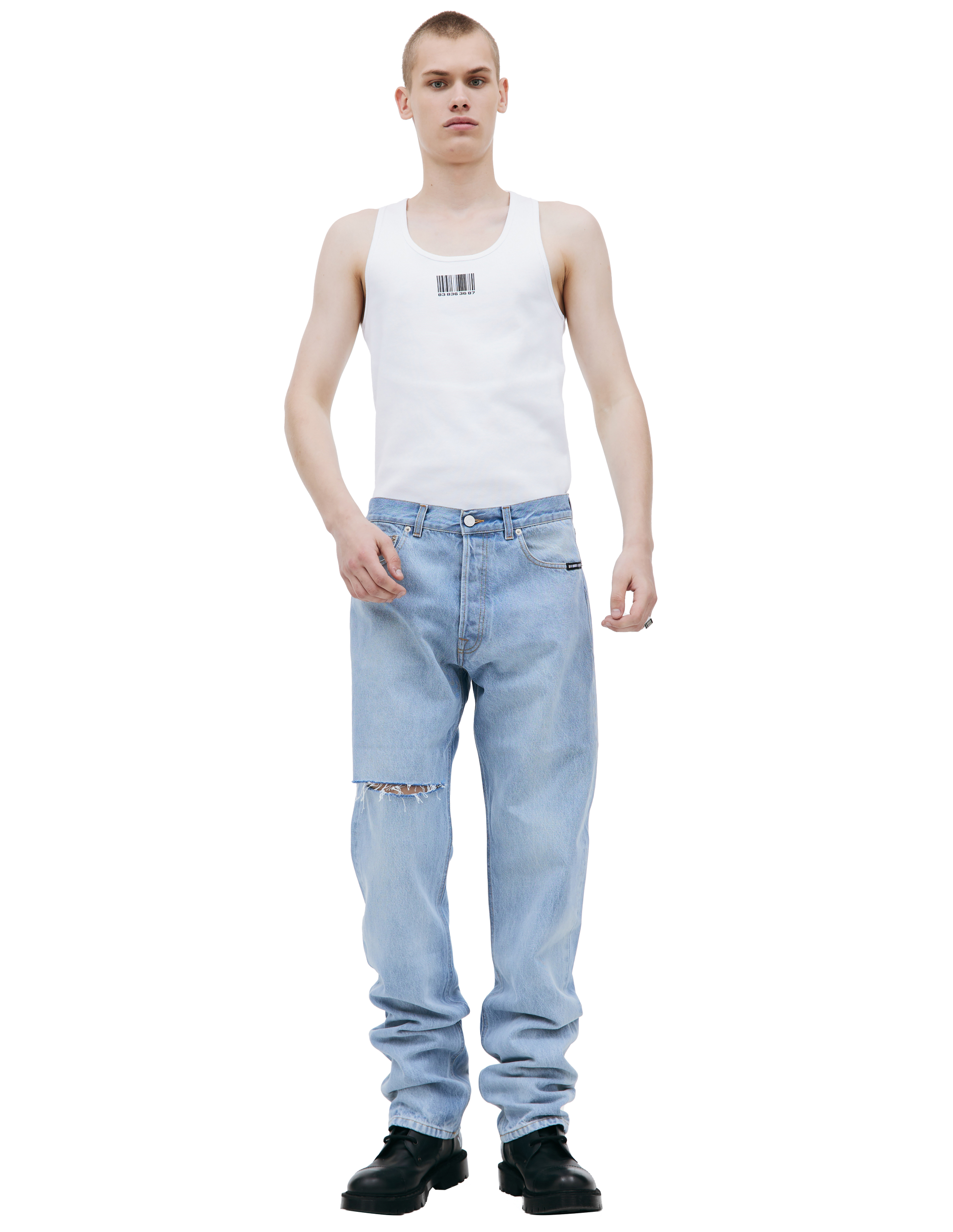 Где купить Голубые рваные джинсы Vtmnts 