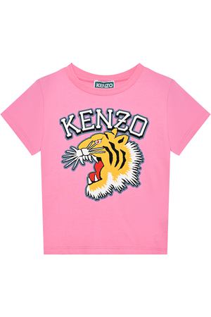 Футболка с принтом "тигр" и лого, розовая KENZO