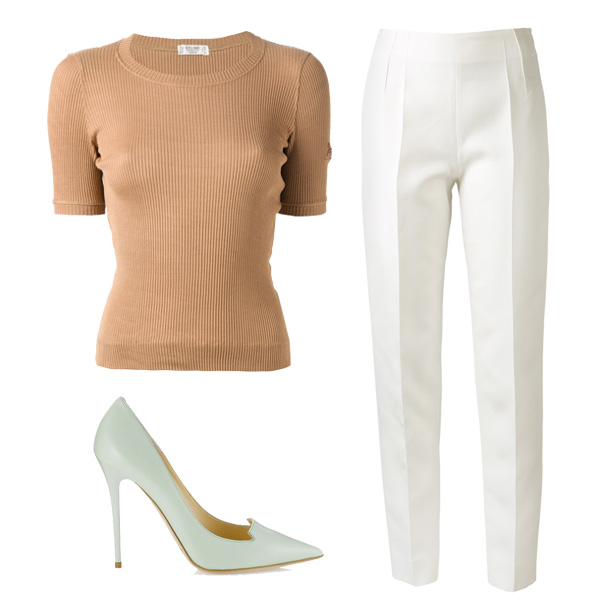 Топ Celine, брюки Maison Rabih Kayrouz, туфли Jimmy Choo